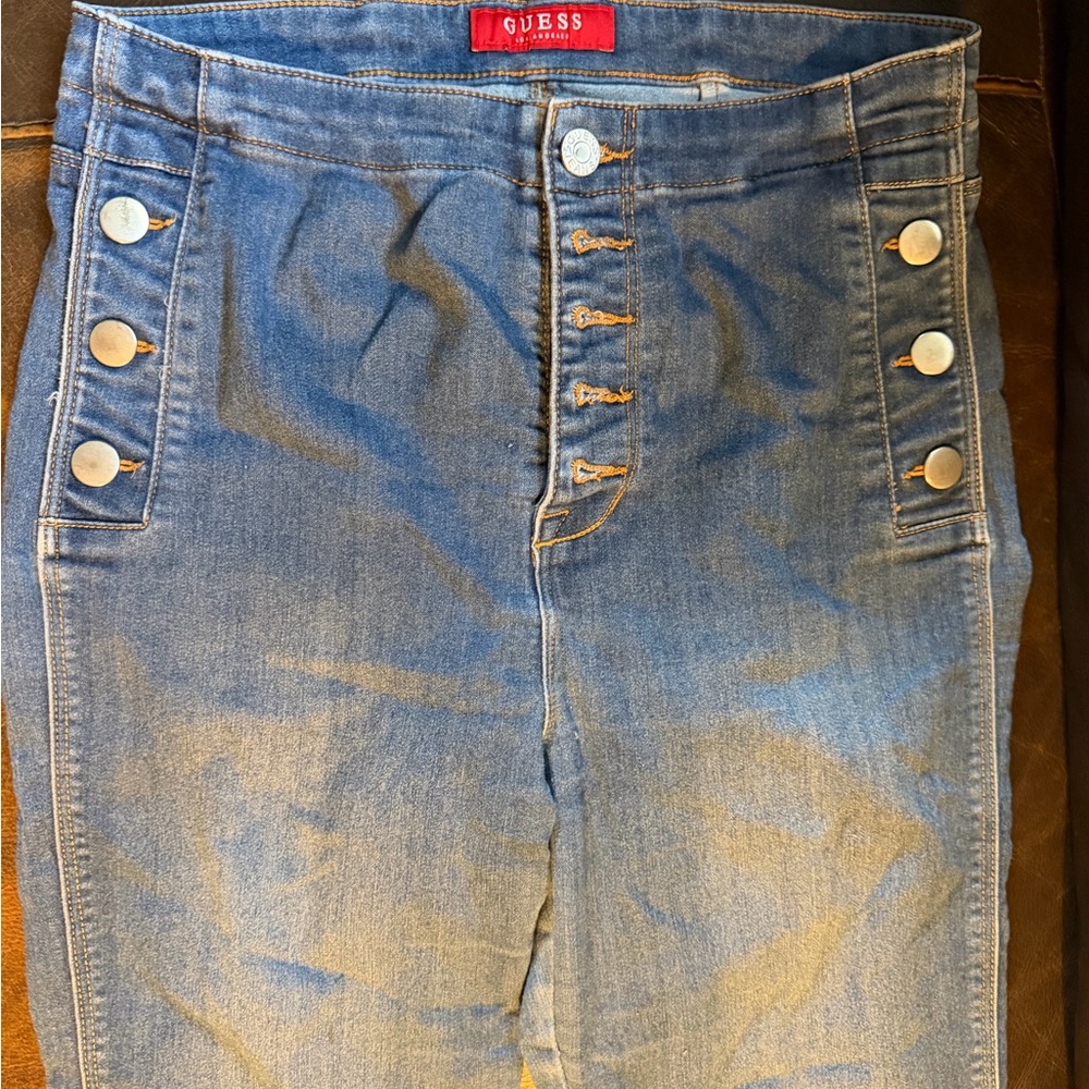 GUESS Women's High-Rise Blue Denim Jeans with Side Button Detail